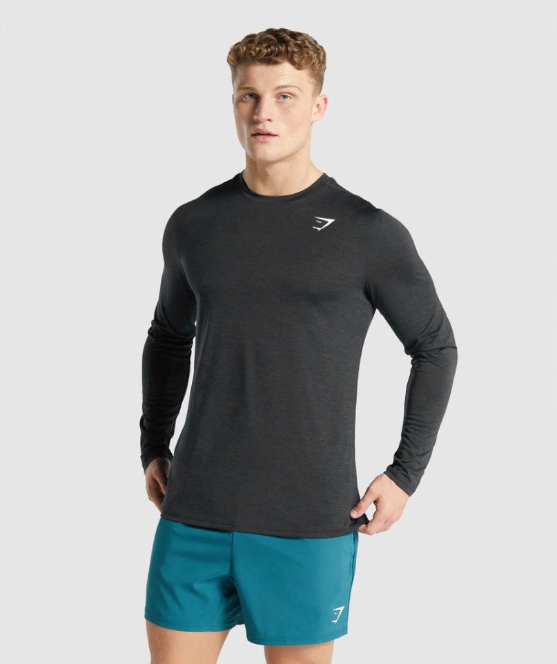 Men\'s Gymshark Arrival Marl Long Sleeve T-Shirts Black | NZ 0PSVRQ